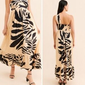 New!Let Me Be By Anthropologies  Elegant Black and Cream One-Shoulder Dress
